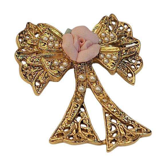 VTG 1928 BROOCH PIN Gold Filigree Ribbon Bow PINK PORCELAIN ROSE Seed Pearls - Picture 3 of 6